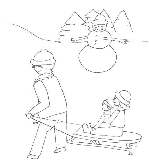 Название: Раскраска Папа катает детей на санках. Категория: раскраски зима. Теги: папа , санка, снег.