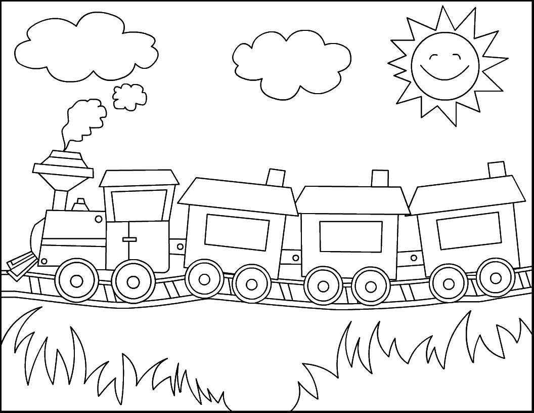 Название: Раскраска Поезд едет в солнечный денёк. Категория: поезд. Теги: Поезд, рельсы, солнышко.