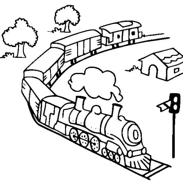 Название: Раскраска Поезд проезжает мимо станции. Категория: поезд. Теги: Поезд, рельсы.