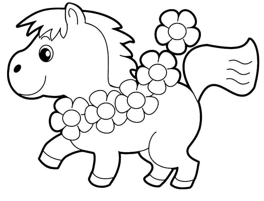 Название: Раскраска Пони с цветами. Категория: детеныши животных. Теги: пони, цветы, хвост.
