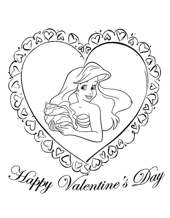 Название: Раскраска Поздравление с днем святого валентина. Категория: день святого валентина. Теги: день святого валентина, русалка, Ариэль.