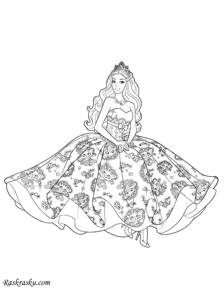 Название: Раскраска Принцесса в узорчатом платье. Категория: бальные платья. Теги: платья, принцессы, для девочек.