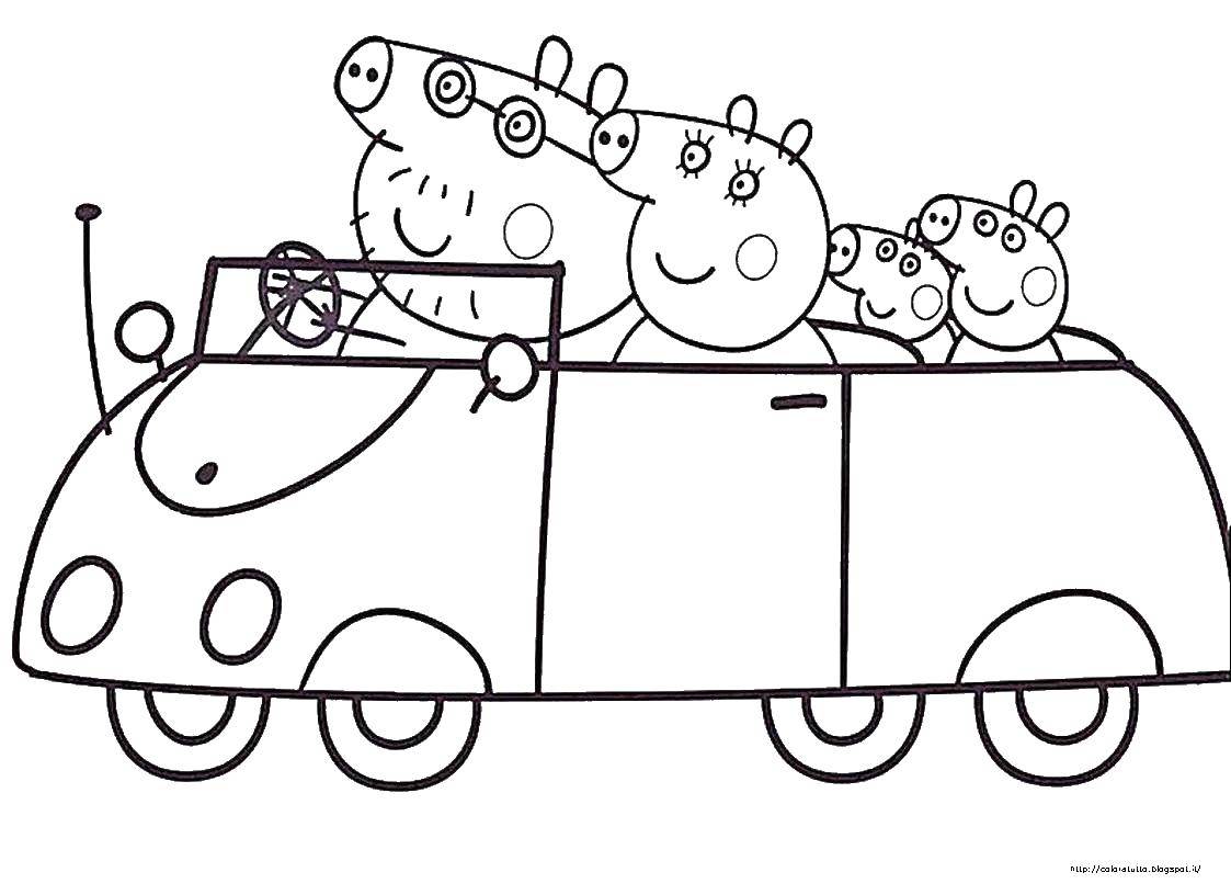 Название: Раскраска Семья свинки пеппы в машине. Категория: Свинка Пеппа. Теги: свинка пеппа, мультфильмы, семья, свиньи.