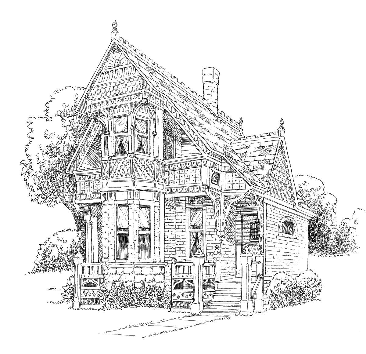 Название: Раскраска Уютный старый дом. Категория: здания. Теги: Дом, здание.