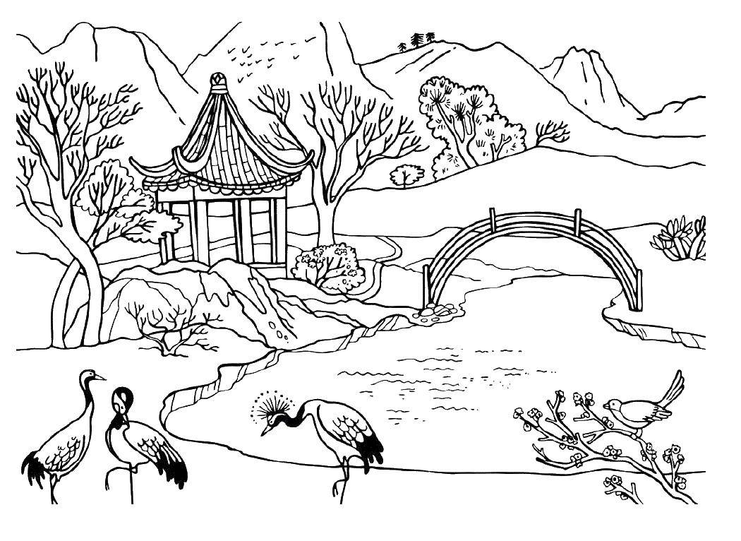 Название: Раскраска Журавли в китайской деревне. Категория: Природа. Теги: Природа, лес, горы, река, птицы.