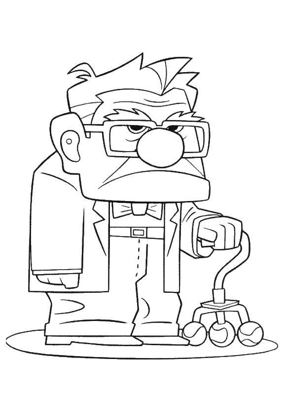 Coloring Grandpa with glasses. Category cartoons. Tags:  grandpa , crutch, glasses, suit.
