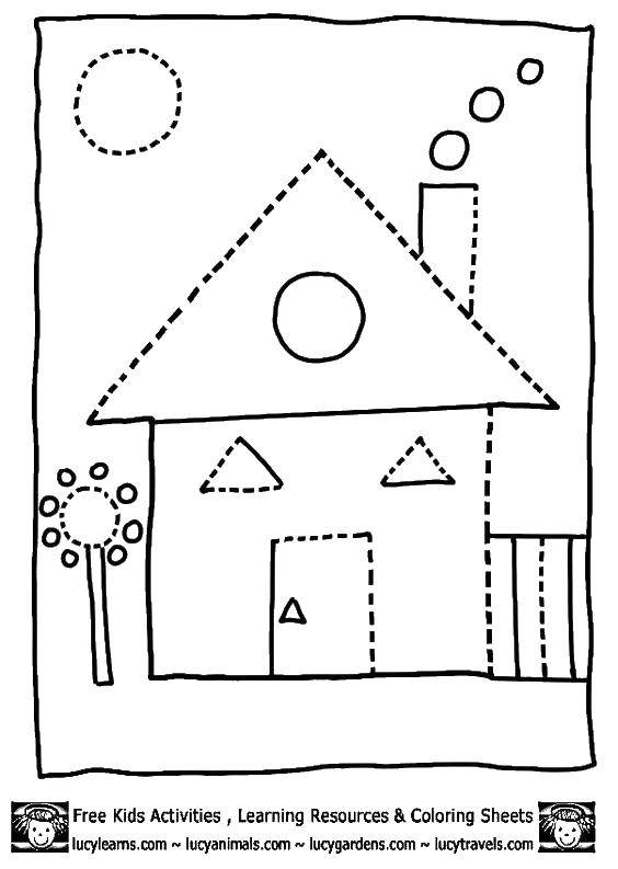 Название: Раскраска Дом и цветок. Категория: Нарисуй по точкам. Теги: дом, цветок, крыша, солнце.