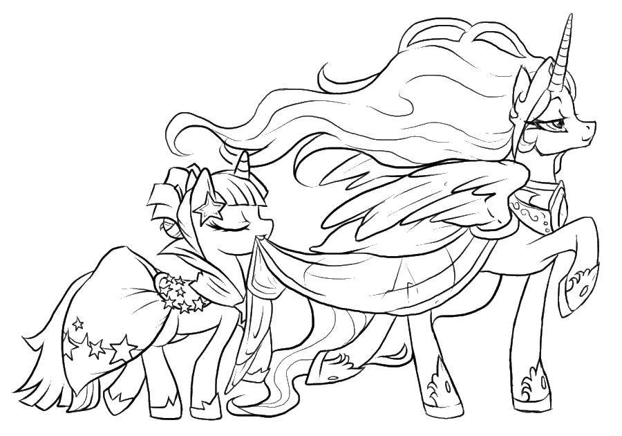 Название: Раскраска Единорог и пони. Категория: мой маленький пони. Теги: единорог, пони, мантия, крылья.