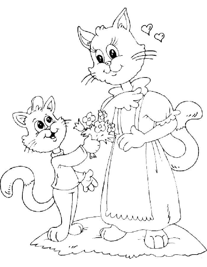 Название: Раскраска Котенок дарит маме цветы. Категория: мама с ребенком. Теги: мама, котенок, кошки.