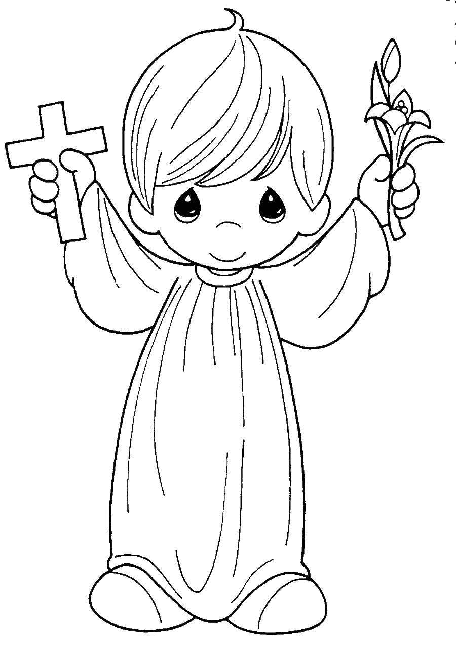 Название: Раскраска Мальчик с крестом и цветами. Категория: ангел хранитель. Теги: ангел, мальчик.