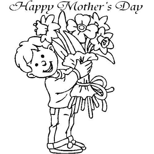 Название: Раскраска Мальчик с цветами. Категория: мама с ребенком. Теги: мальчик, цветы, мама.