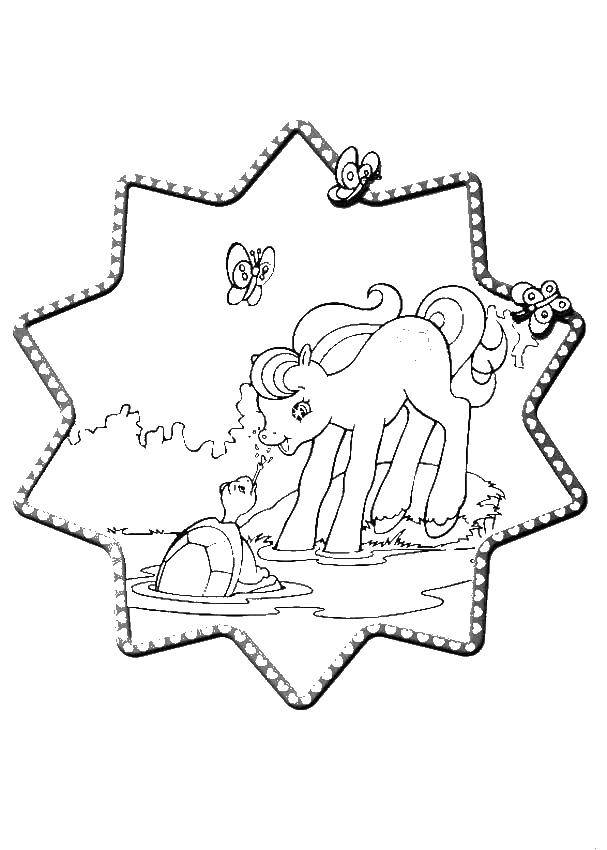 Название: Раскраска Пони у воды с черепахой. Категория: мой маленький пони. Теги: пони, единорог, черепаха.