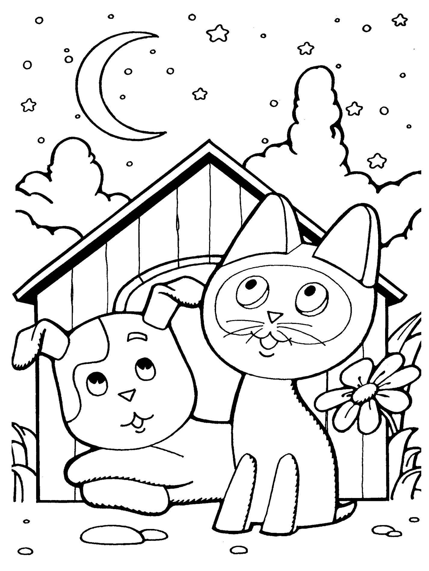 Название: Раскраска Рисунок собаки и кошечки гав-гав ночью. Категория: домашние животные. Теги: кошка, кот.