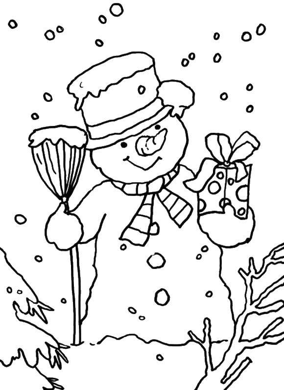 Название: Раскраска Снеговик с подарком. Категория: раскраски зима. Теги: снеговик, зима.