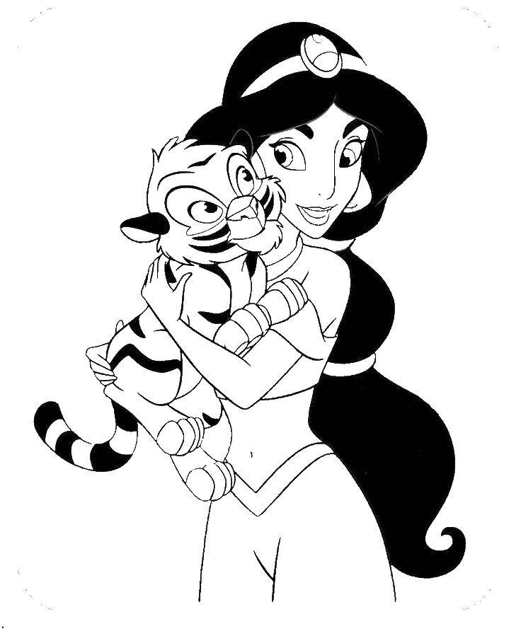Coloring Jasmine hugs tiger. Category Disney coloring pages. Tags:  Jasmine, Princess.