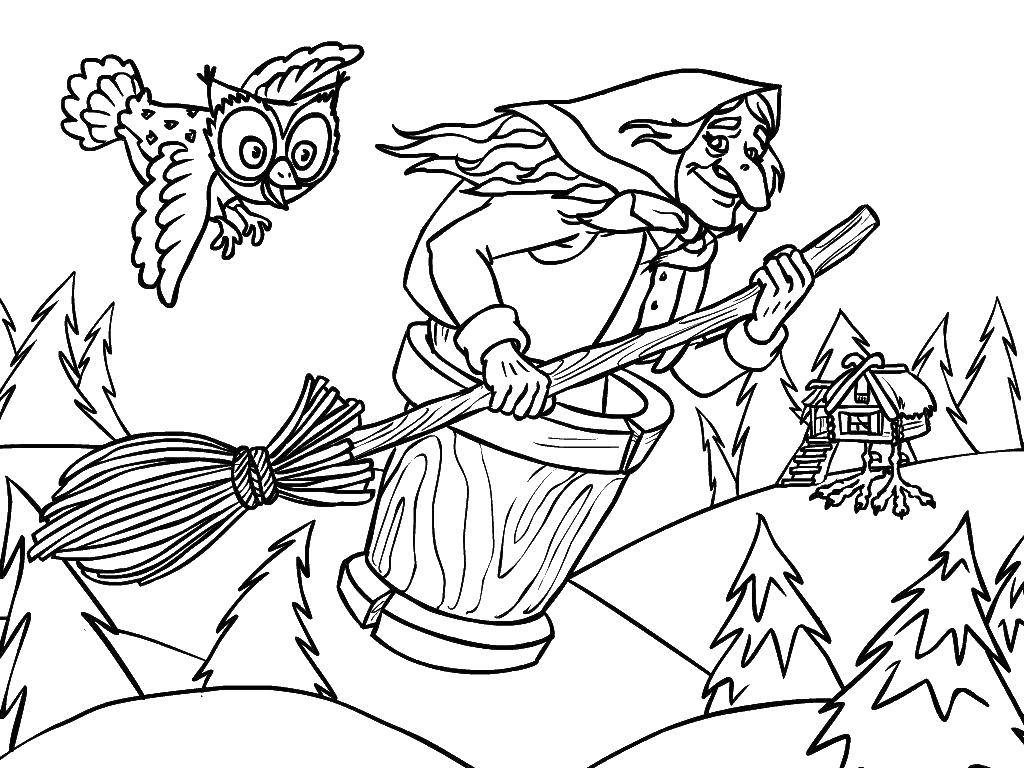 Coloring Baba Yaga flies in a mortar with owl. Category coloring. Tags:  Fairy tales.