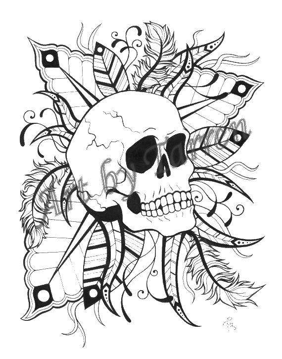 Coloring Skull and feathers. Category Skull. Tags:  skull, feathers, leaves.