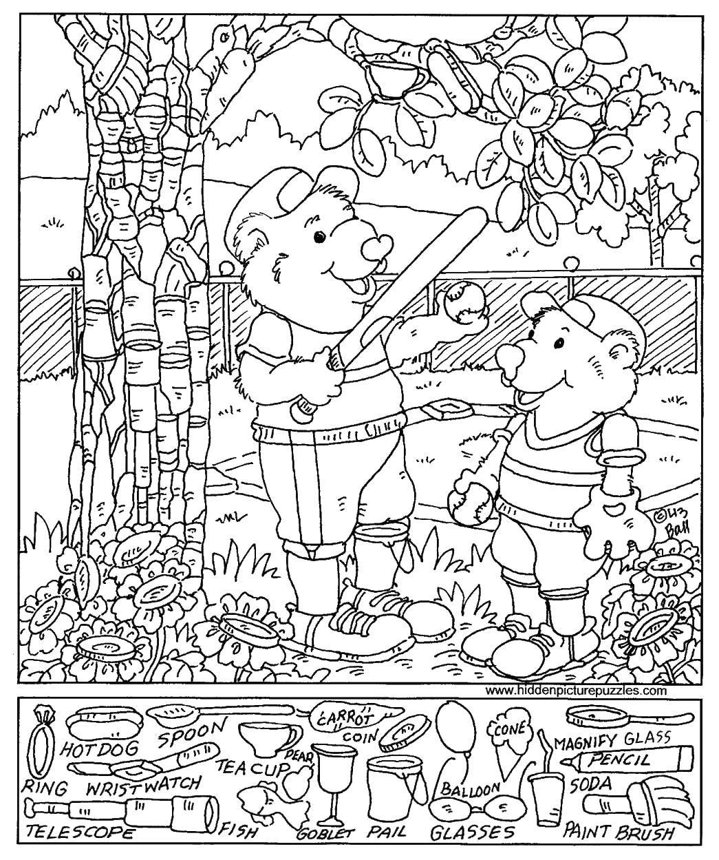 Coloring Two bears playing baseball. Category Find items. Tags:  bears, bat, ball, tree.
