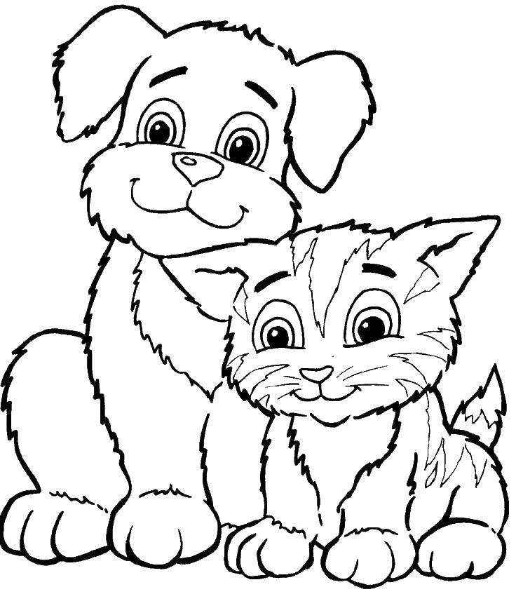 Название: Раскраска Полосатый котёнок и щенок. Категория: Коты и котята. Теги: Животные, собака, кот.