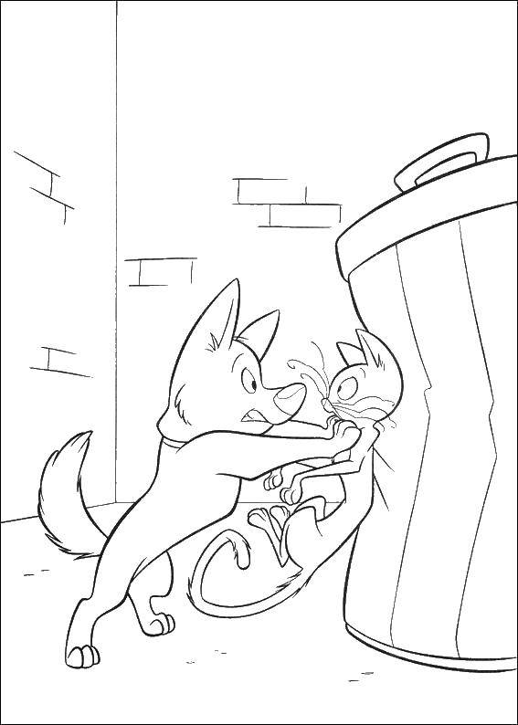 Coloring Dog and cat. Category coloring. Tags:  dog, cat, trash can.