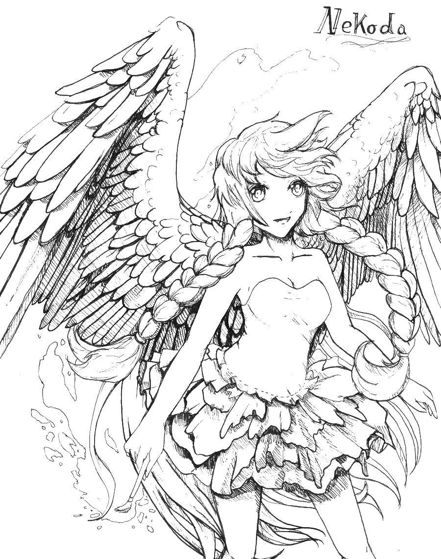Название: Раскраска Ангел анимэ. Категория: раскраски. Теги: ангел, крылья, девушка.