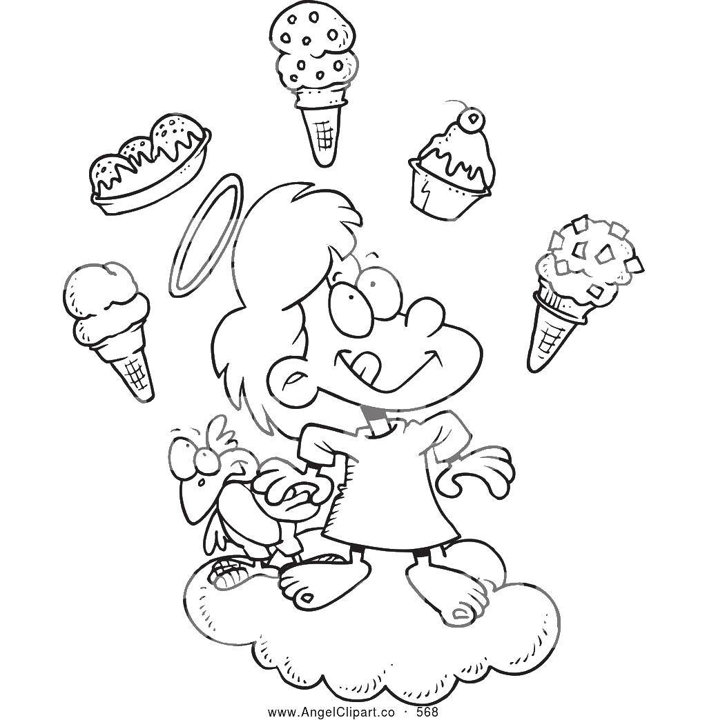 Coloring Angel and ice cream. Category The contours of the angel to clip. Tags:  angel , ice cream, birdie.