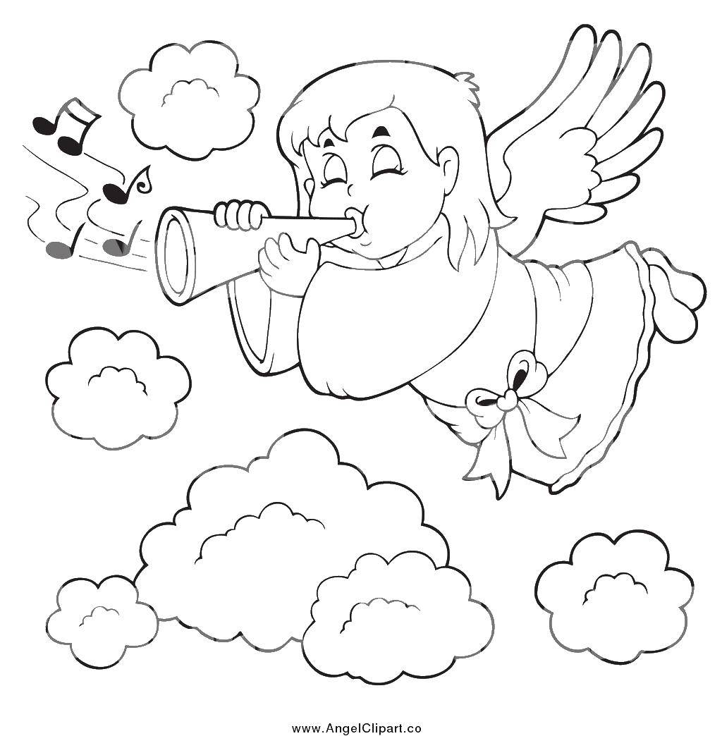 Название: Раскраска Ангел играет мелодию. Категория: Контуры ангела для вырезания. Теги: ангел, мелодия, крылья, облака.