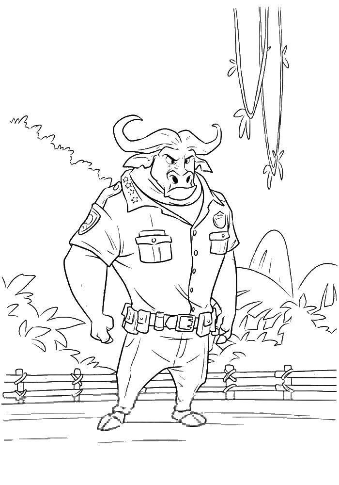 Название: Раскраска Буйволсон. Категория: Зверополис. Теги: буйвол, полицейский, форма.