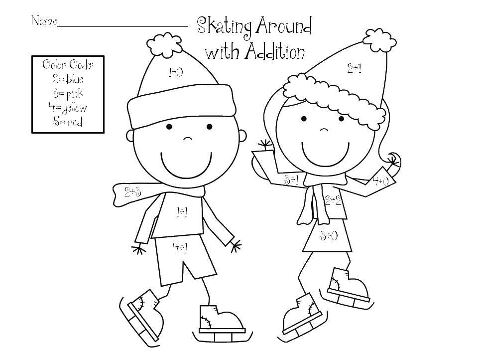Coloring Kids at the rink. Category mathematical coloring pages. Tags:  boy, girl, skating, hats.