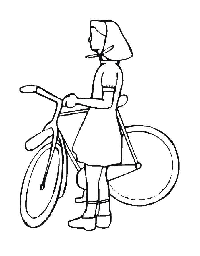 Coloring Girl standing with a Bicycle. Category coloring. Tags:  Bicycle , children.