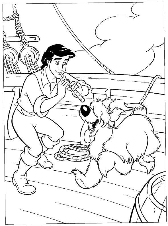 Coloring Eric and his dog. Category Disney cartoons. Tags:  Disney, the little mermaid, Ariel.