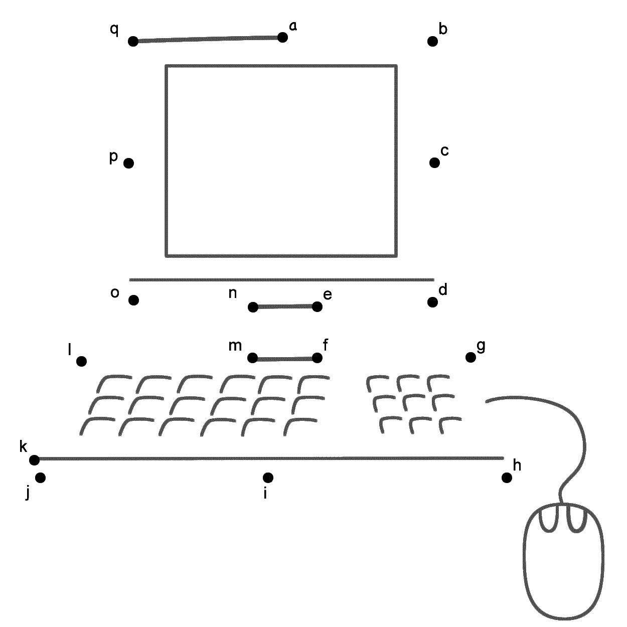 Название: Раскраска Компьютер с клавиатурой. Категория: дорисуй по точкам. Теги: компьютер, мышка, клавиатура.