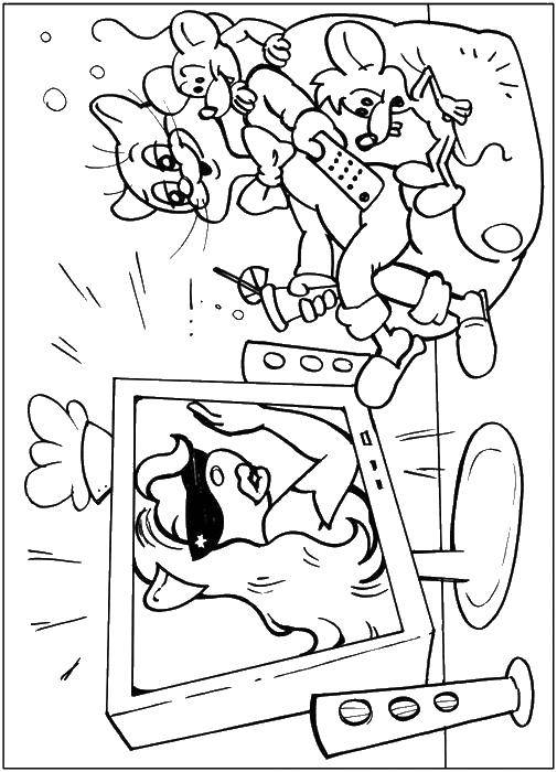 Название: Раскраска Кот леопольд и мышата смотрят телевизор. Категория: телевизор. Теги: кот, мышки, телевизор, кресло.