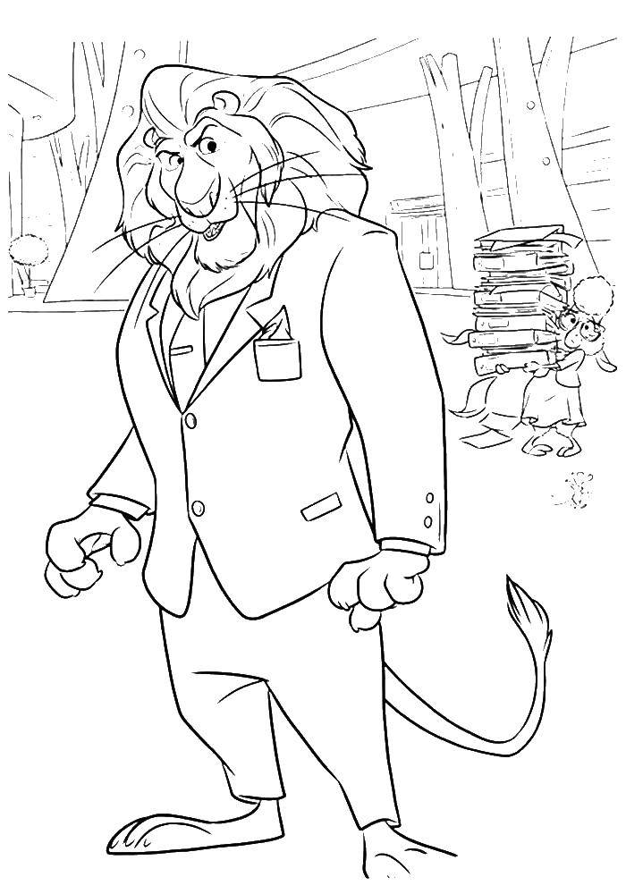 Coloring Leo in a suit. Category Zeropolis. Tags:  lion, costume, sheep, books.