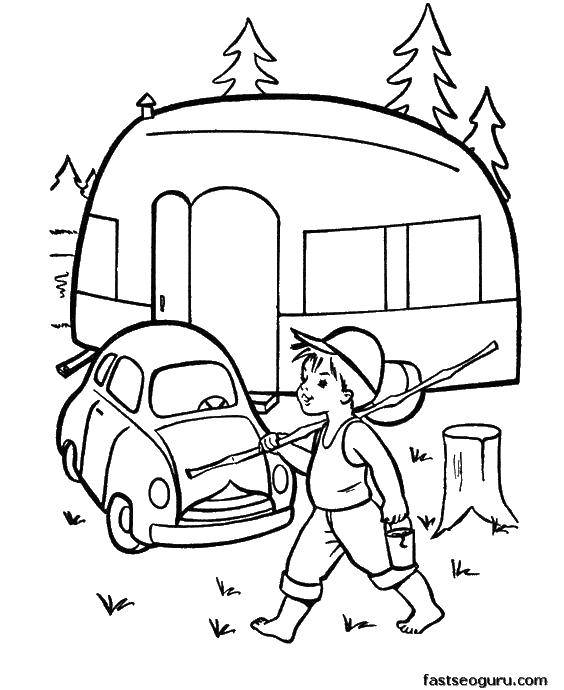 Coloring The boy on the nature. Category Camping. Tags:  boy, car, carriage, bucket.