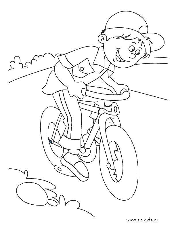 Название: Раскраска Мальчик на велосипеде. Категория: раскраски. Теги: мальчик, велосипед, кепка.