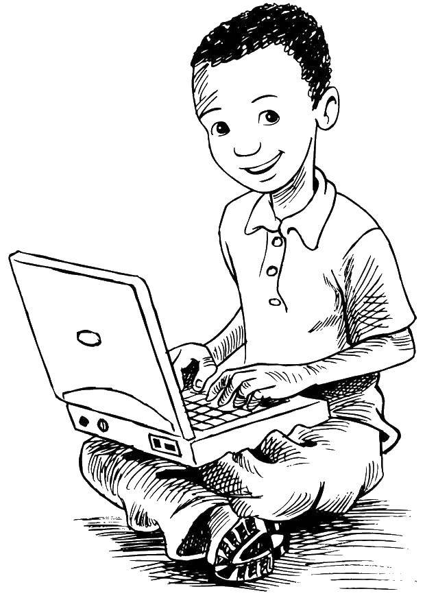 Название: Раскраска Мальчик работает за компьютером. Категория: раскраски. Теги: Техника.