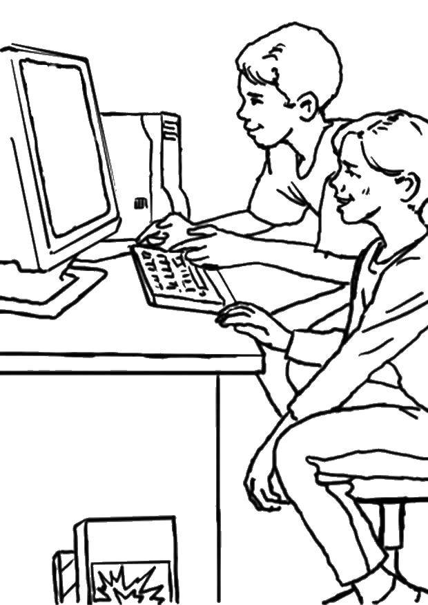Название: Раскраска Мальчики за компьютером. Категория: дети. Теги: дети, компьютер.