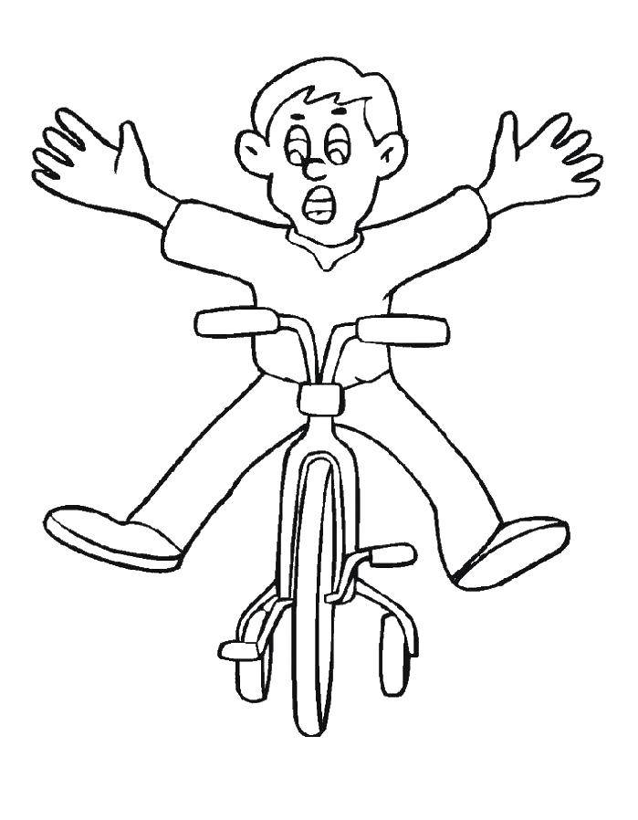 Название: Раскраска Ребенок на велосипеде. Категория: раскраски. Теги: мальчик, велосипед, кепка.