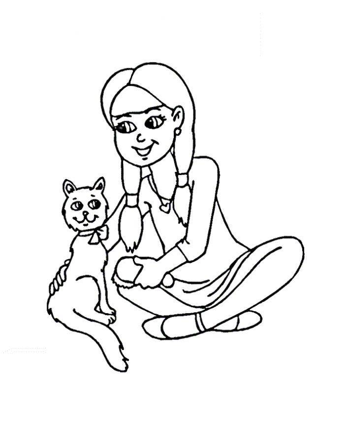 Название: Раскраска Рисунок девочки играющей с котенком. Категория: домашние животные. Теги: кошка, кот.