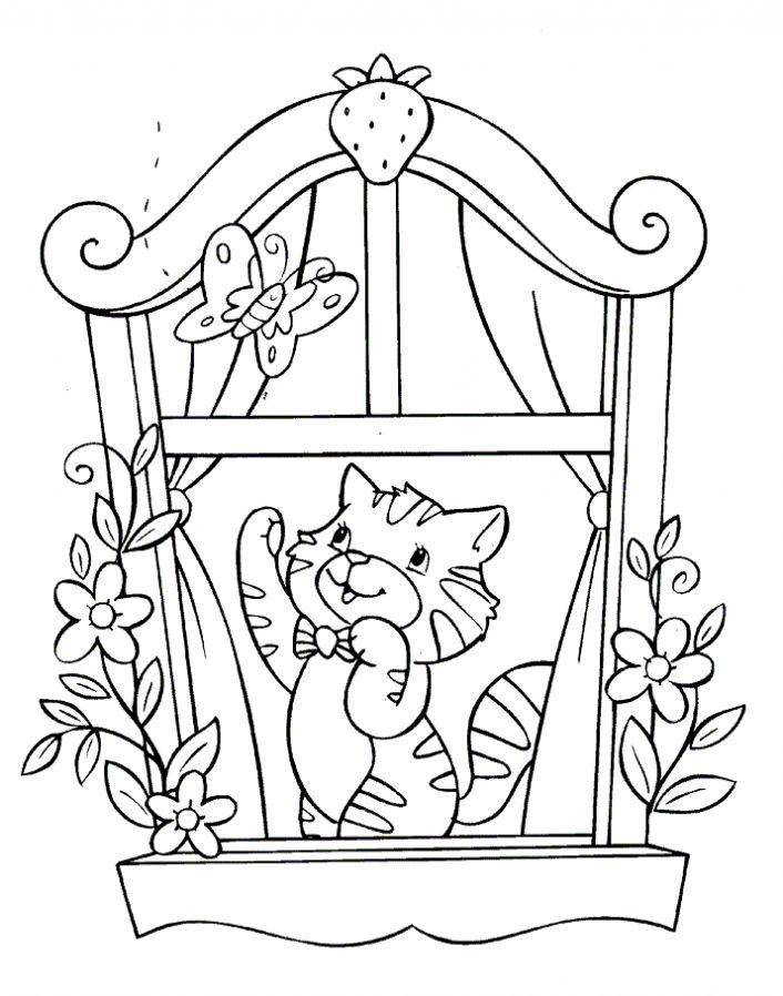 Coloring A drawing of a cat at the window. Category Pets allowed. Tags:  cat, cat.
