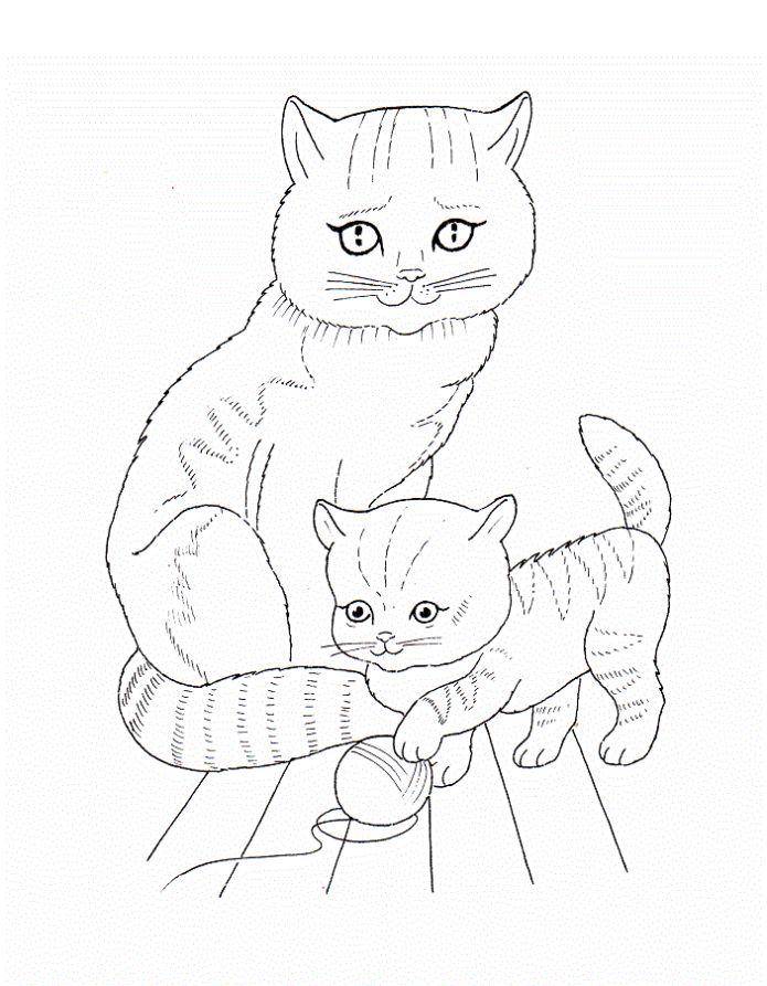 Название: Раскраска Рисунок мамы  кошки и котенка. Категория: домашние животные. Теги: кошка, кот.