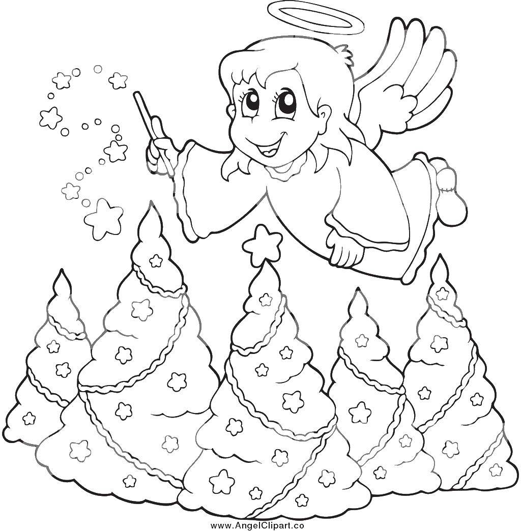 Coloring Christmas angel on Christmas trees. Category The contours of the angel to clip. Tags:  Angel .