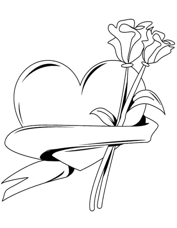 Coloring Heart entwined with a ribbon with roses. Category Valentines day. Tags:  Valentines day, love, heart.
