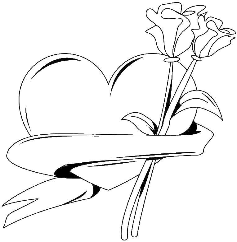 Название: Раскраска Сердце обвитое лентой с розами. Категория: день святого валентина. Теги: День Святого Валентина, любовь, сердце.