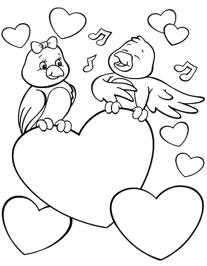Название: Раскраска Влюбленные птички поют среди сердечек. Категория: день святого валентина. Теги: День Святого Валентина, любовь, сердце, птички.