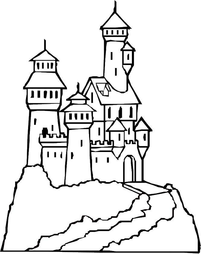 Coloring Castle on the cliff. Category locks . Tags:  castle, rock, towers.