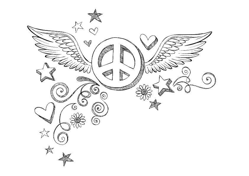 Coloring Icon of hippies and wings. Category coloring. Tags:  peace, wings, stars.