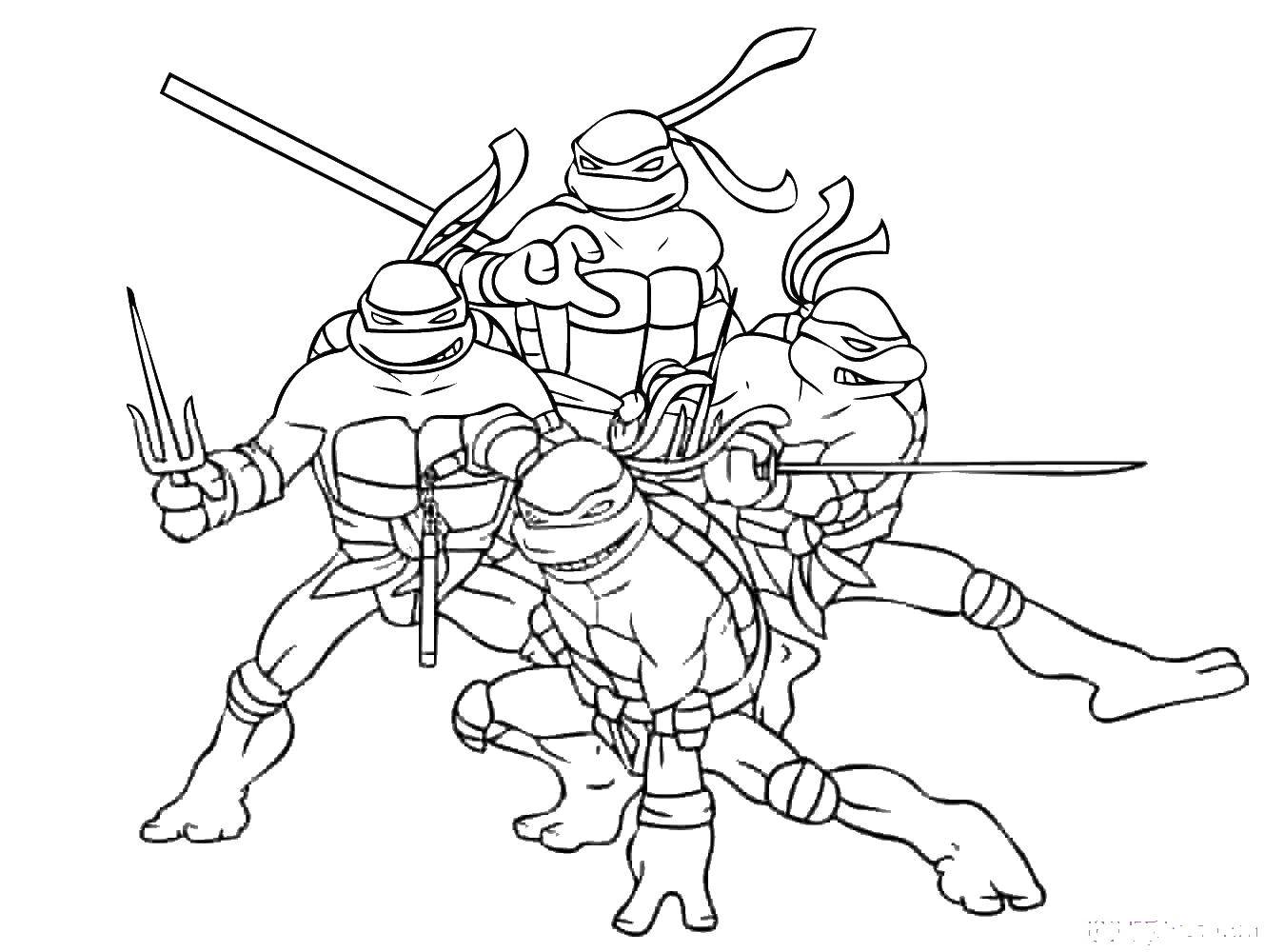 Название: Раскраска Черепахи ниндзя с оружием. Категория: ниндзя. Теги: черепаха, ниндзя, пицца.