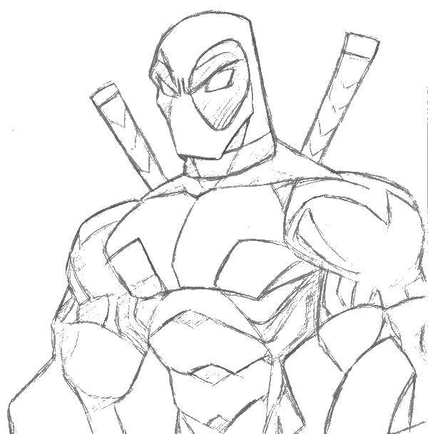 Coloring Deadpool drawn with a pencil. Category deadpool. Tags:  deadpool, gun, mask.